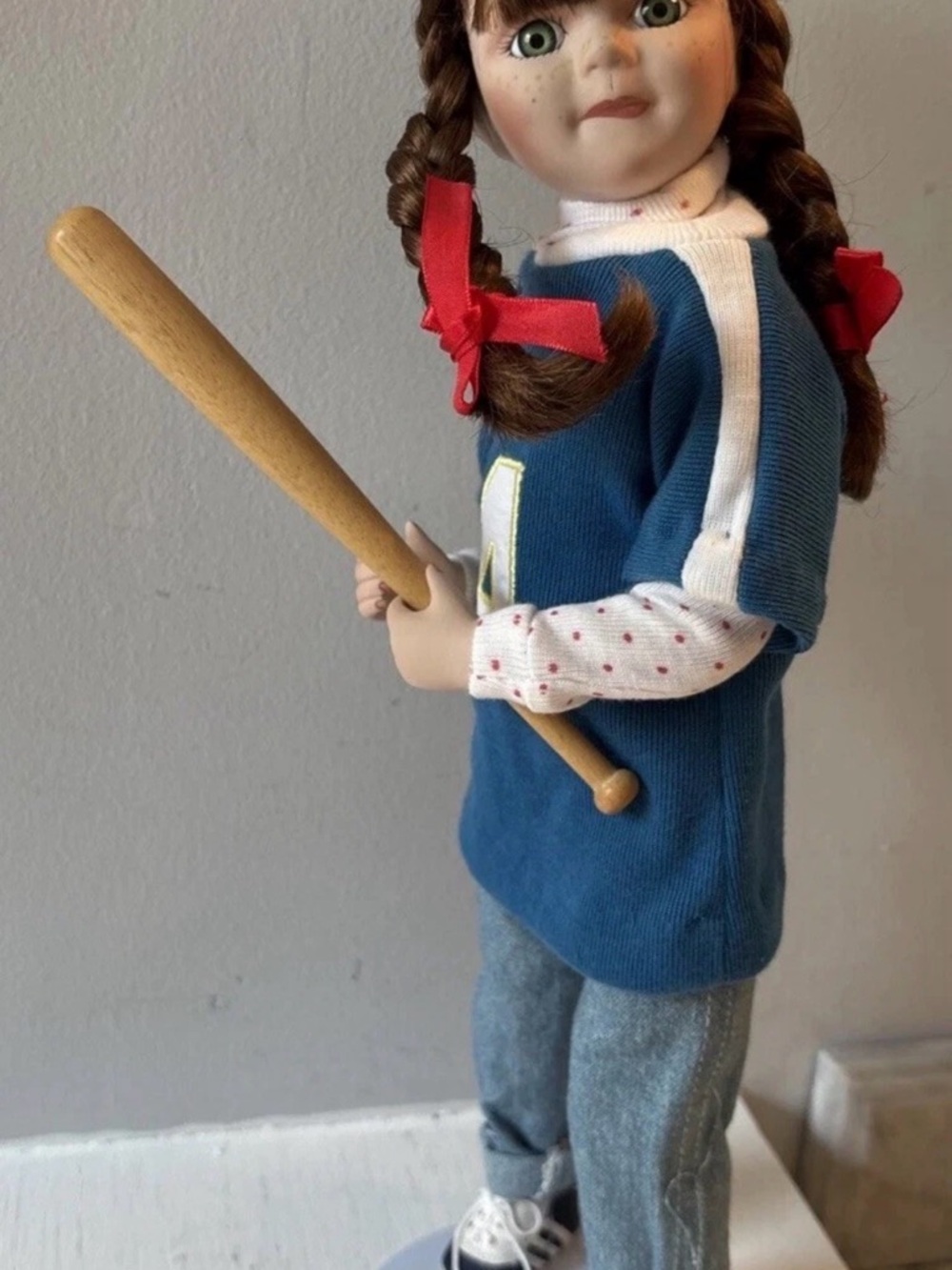 Erin is Up To Bat Doll with Red Hair Bows and Wooden Bat by Gorham